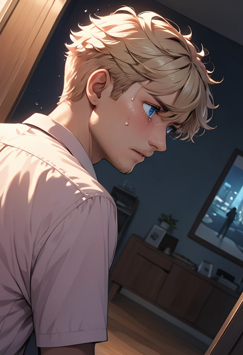 detailed illustration, dynamic angle, ultra-detailed, illustration, 1man, blue eyes, detailed eyes, short blonde hair, effeminate, light pink shirt, standing in living room, sad, tears, holding back, night, head on, straight on