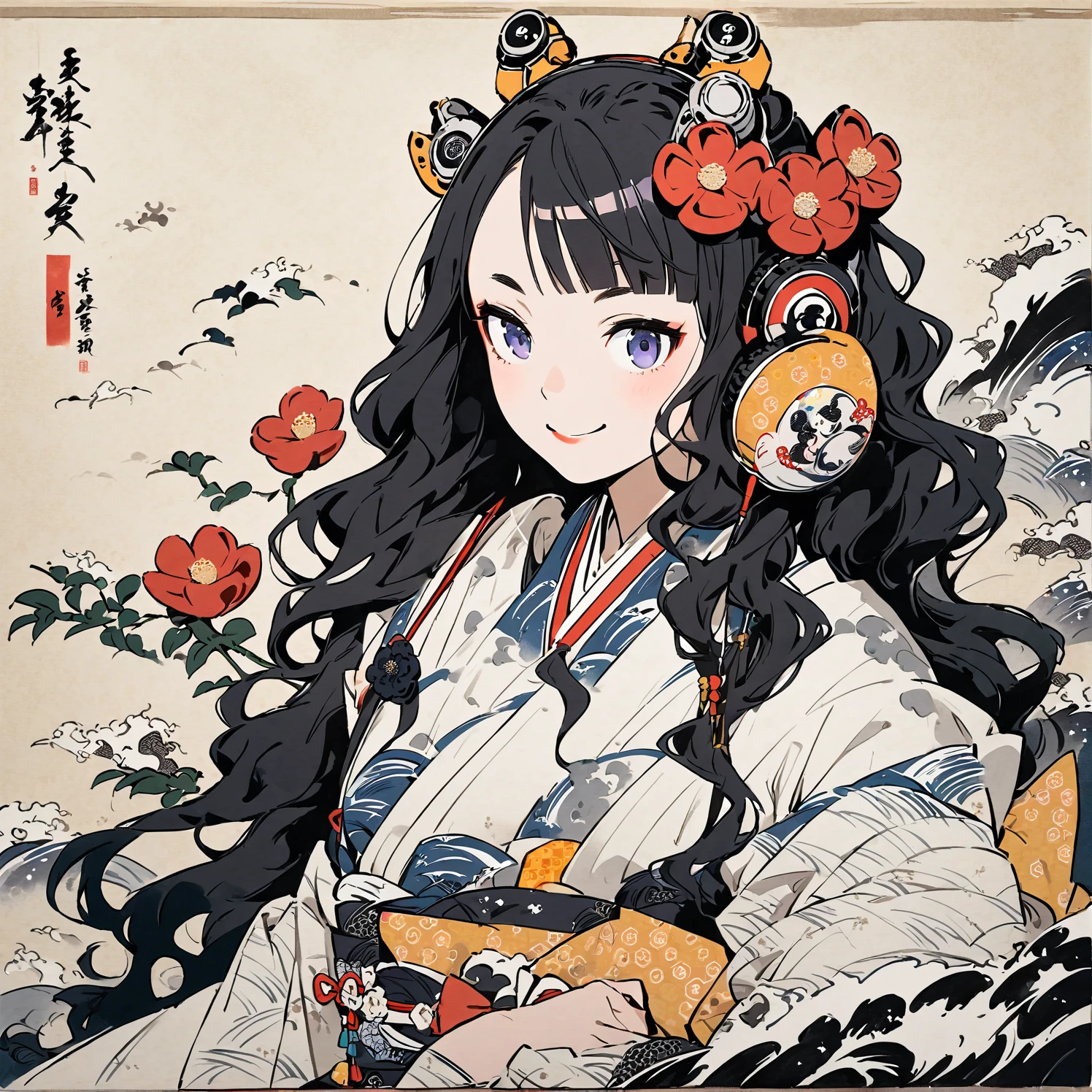 Highest quality, Katsushika Hokusai, Ink Painting, (((1 girl))), (((longhair))), (((White kimono))), (((An angelic smile))), Japanese style headphones, camellia, beautiful girl, Black Hair, Delicate and precise, Modern ukiyo-e style,