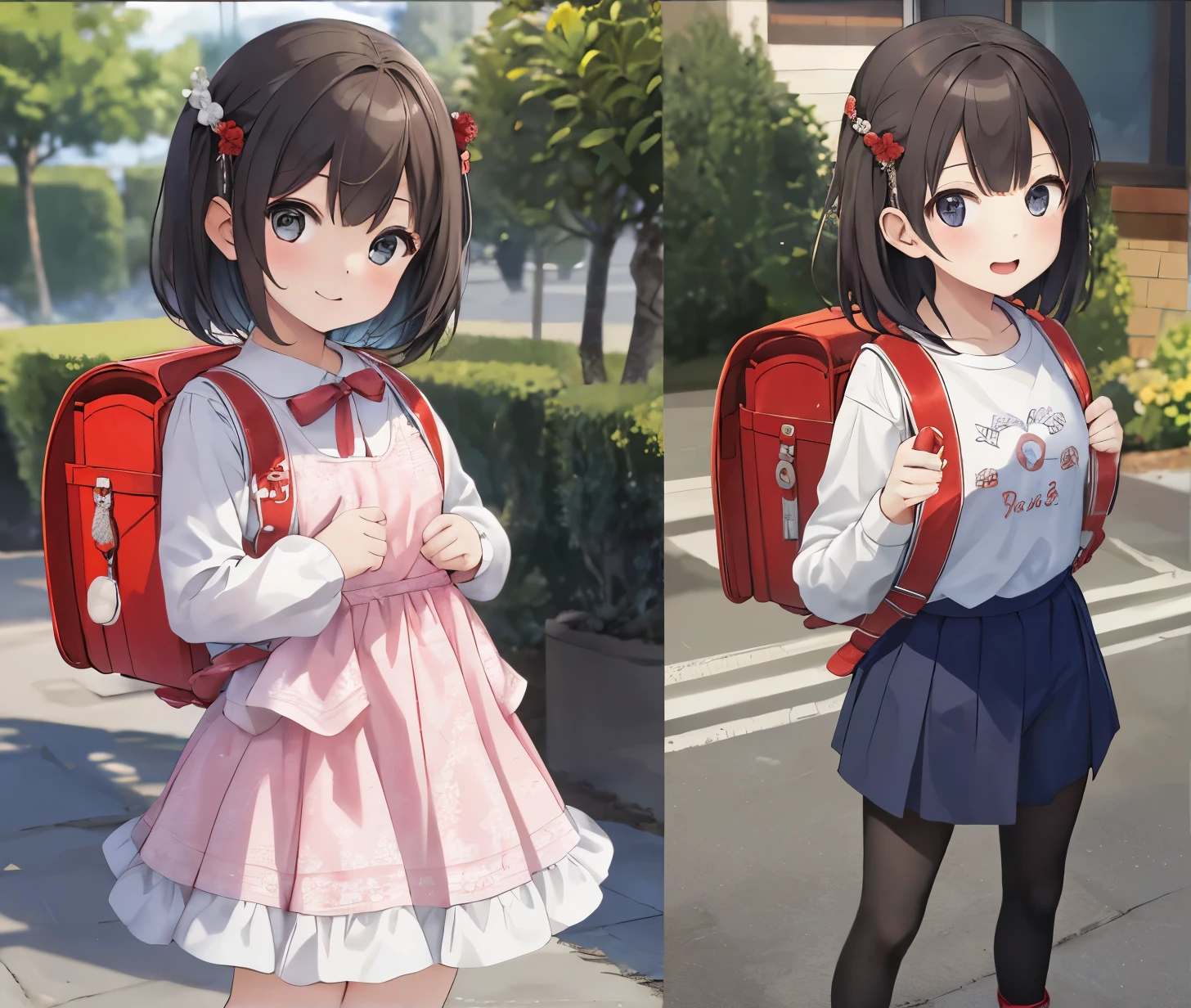 Masterpiece, hd, realistic, 2girl, standing, outdoor,2 girl wearing dress and casual outfit, 2girl,2 wearing red backpack, (backpack:1.2)