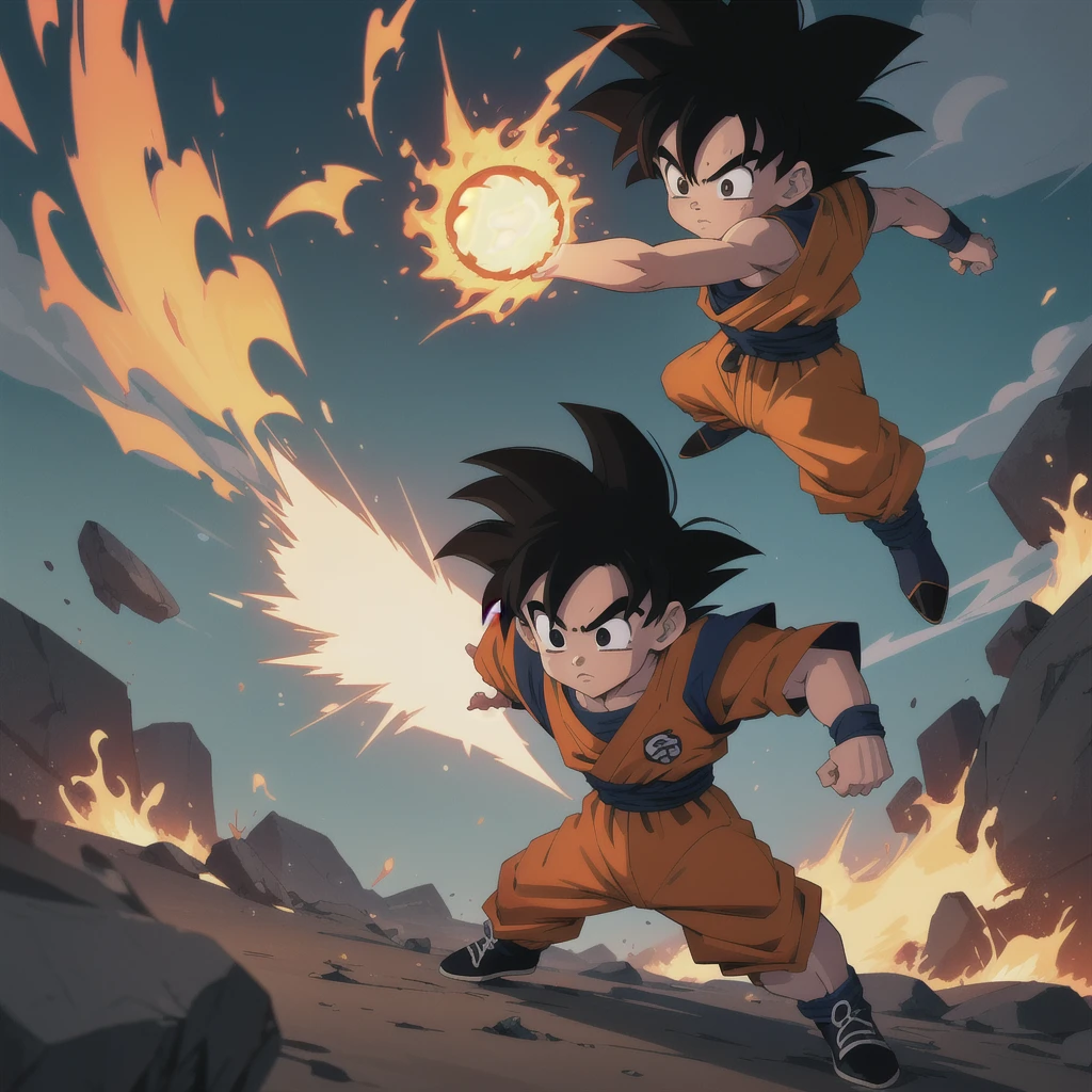 Manga style, illustration, line art style, high quality, manga masterpiece, highres, very detailed, digital illustration, small ??? Goku and alien Piccolo, Dragonball, black hair, spiked hair, real goku clothes orange color, black belt and black shoes, fire ball, dougi, outdoors,fighting,