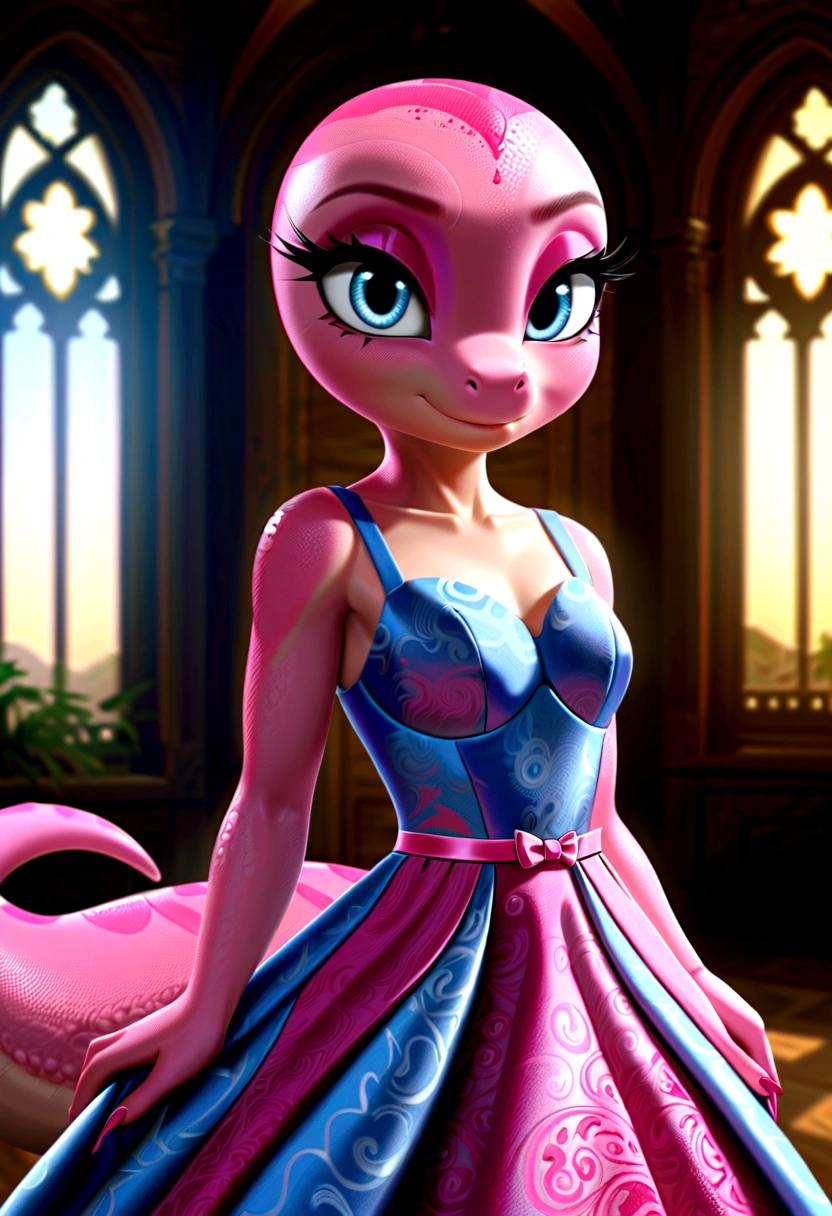 A pink dinosaur girl, wearing a beautiful dress, detailed face with large eyes, long eyelashes, cute expression, intricate patterns on the dress, photorealistic, 8K, highly detailed, vibrant colors, dramatic lighting, cinematic composition, fantasy art style