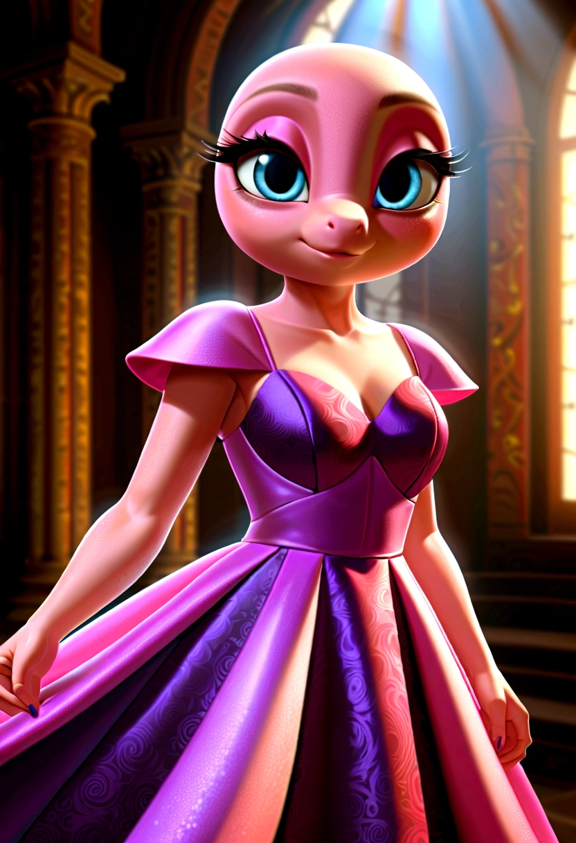 A pink dinosaur girl, wearing a beautiful dress, detailed face with large eyes, long eyelashes, cute expression, intricate patterns on the dress, photorealistic, 8K, highly detailed, vibrant colors, dramatic lighting, cinematic composition, fantasy art style