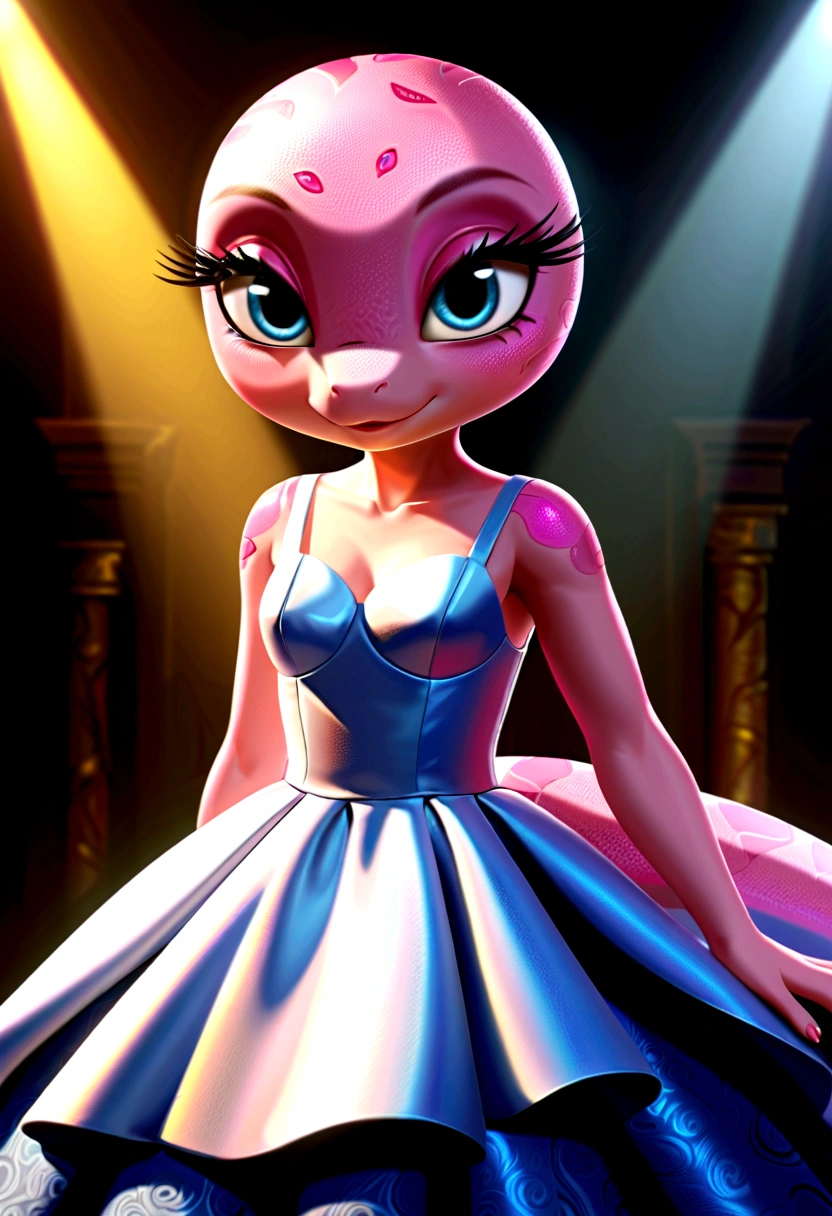 A pink dinosaur girl, wearing a beautiful dress, detailed face with large eyes, long eyelashes, cute expression, intricate patterns on the dress, photorealistic, 8K, highly detailed, vibrant colors, dramatic lighting, cinematic composition, fantasy art style