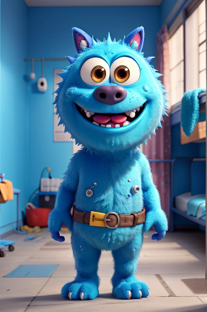 Create a small blue animated monster, that is furry and with a friendly smile, this should represent insulin. You need to be in a clean, bright hospital room helping children with diabetes