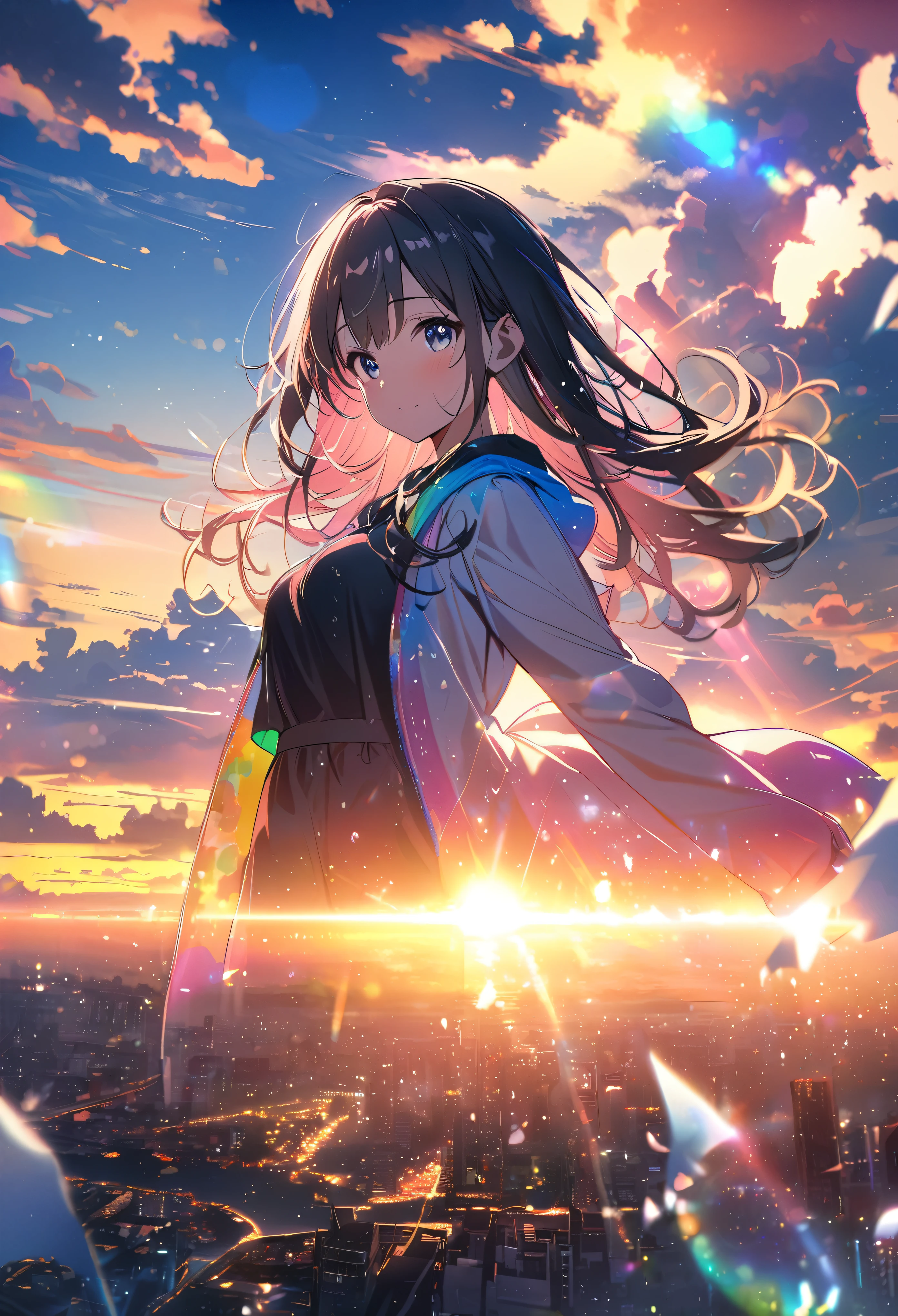 angelic, 1girl, sunrise, bright, after rain, horizon, in the sky, city , lens flare, colorful, High resolution, 8K