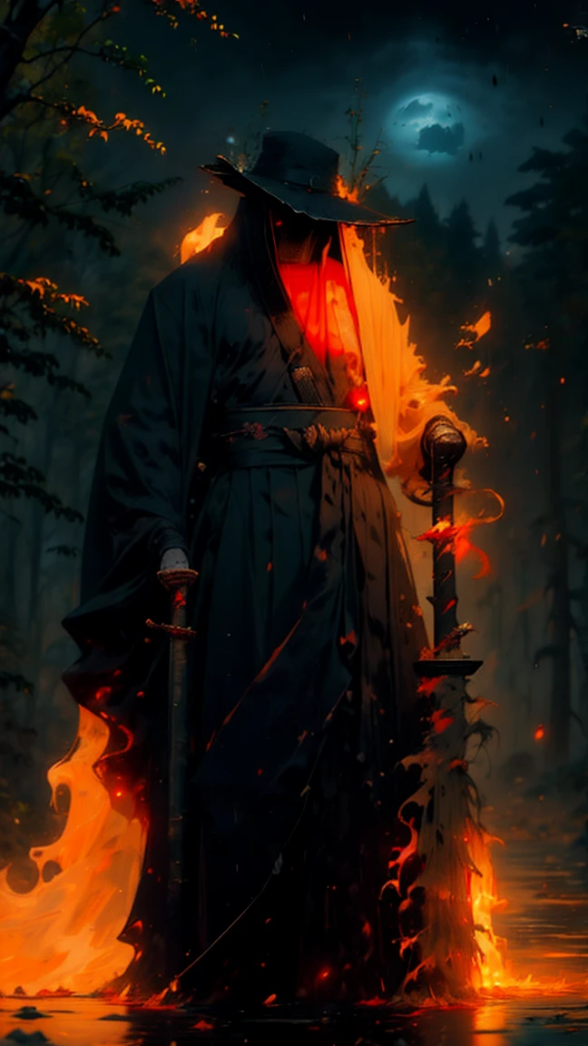 (Best Quality,ultra detailed),dark,wet,artificial raindrops falling,ancient japanese warrior standing in the rain,japanese traditional bamboo hat(fail),dense forest landscape,majestic and serene nature,full moon shining brightly in the night sky,black kimono with fluorescent red stripes that glow in the moonlight,samurai sword sharpened and drawn(katana),