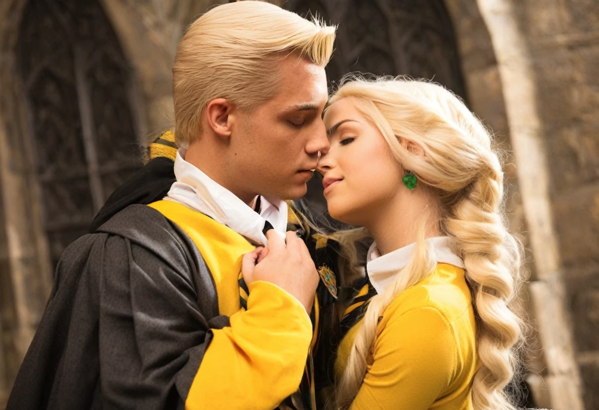 Casal blond abraçados de frente com suas capas das casas de Hogwarts,, homem Sonserina blond, Hufflepuff Hufflepuff and blonde, Slytherin men fall in love in the enchanted world of Hogwarts, blond, Mulher Lufa Lufa loira e Homem Sonserina blond se envolvem em uma história de amor mágica. The scene unfolds with breathtaking beauty and attention to detail, com beijo apaixonado do casal de blonds, Obra de arte blond. As we delve deeper into this scene, the expertly crafted visuals capture the essence of their love. The blonde Hufflepuff woman's beautiful detailed eyes shine with a sense of wonder, drawing you into their enchanting connection. O olhar intenso do homem blond de Sonserina blond reflete sua admiração afetuosa por ela, the depth of your emotions radiating from your soulful eyes. Your lips meet in a tender embrace, Portrayed with delicate precision and captivating realism. Os intrincados detalhes de seus lábios formam uma união perfeita de blonds, your love immortalized by masterful brushstrokes. Homem blond da casa de Sonserina blond e Mulher loira da casa de Lufa Lufa loira, couple in love,