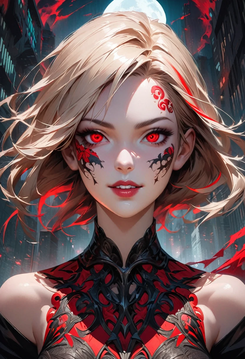 A striking female portrait featuring a woman with long, light blonde hair streaked with vibrant red highlights, creating a unique two-tone effect. Her large, piercing red and bloodshot eyes gaze intensely, adding an unsettling yet captivating presence. Dressed in formal attire, her body is adorned with numerous intricate tattoos, including a prominent moon design on her face. The woman's symmetrical features and malevolent, wide grin convey a villainous, sinister demeanor, set against a dark, urban cityscape backdrop. Rendered in high-contrast, hyper-detailed 8K resolution with a digital art style reminiscent of ArtStation, this realistic and masterful portrait exudes a sense of unsettling allure.