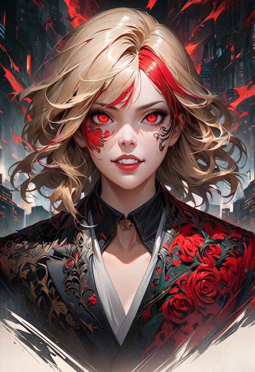 A striking female portrait featuring a woman with long, light blonde hair streaked with vibrant red highlights, creating a unique two-tone effect. Her large, piercing red and bloodshot eyes gaze intensely, adding an unsettling yet captivating presence. Dressed in formal attire, her body is adorned with numerous intricate tattoos, including a prominent moon design on her face. The woman's symmetrical features and malevolent, wide grin convey a villainous, sinister demeanor, set against a dark, urban cityscape backdrop. Rendered in high-contrast, hyper-detailed 8K resolution with a digital art style reminiscent of ArtStation, this realistic and masterful portrait exudes a sense of unsettling allure.