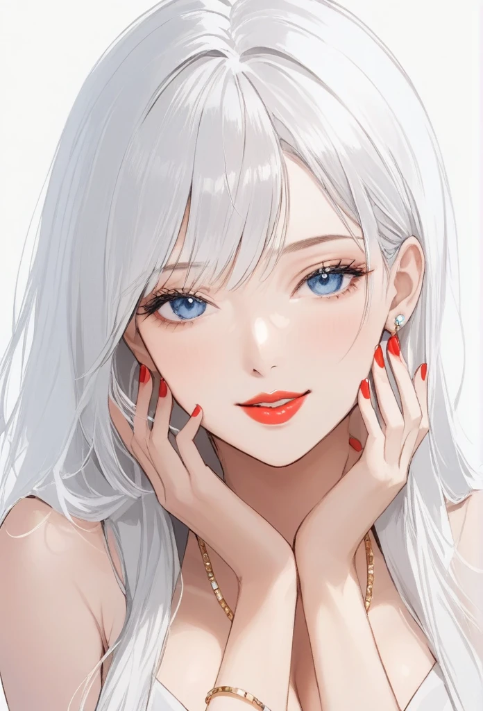 1girl, solo, long hair, looking at viewer, smile, blue eyes, hair ornament, white background, jewelry, white hair, closed mouth, blunt, nail polish, bracelet, lips, portrait, red nails, close-up, red lips, hands on own face, hands on own cheeks,(mature female),(shiny skin),((steaming body)),long  jhumka earrings ,big earrings,bug breasts 