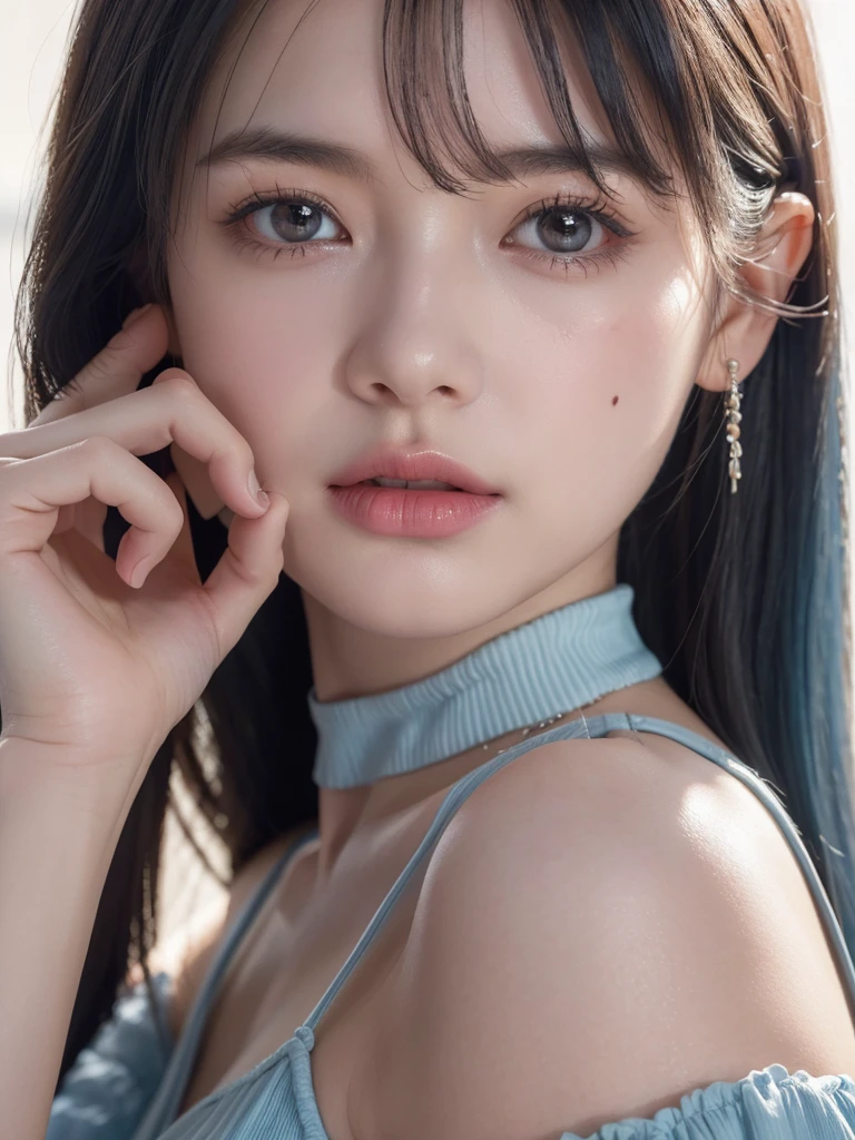 1girl, alone, solitary, high quality, (best quality,4k,8k,highres,masterpiece:1.2),ultra-detailed,(realistic,photorealistic,photo-realistic:1.37),gorgeous hair,light blue hair, light blue long straight hair with bangs,puffy eyes,mole on the cheek,plump lips,jewelry,(high detailed skin:1.4),(rim lighting:1.3),(lit:1.3),(sunny day:1.3),portrait,beautiful lips,waist-length hair,seductive gaze,moles,sundress,pastel dress,short dress,close up,really long hair,choker necklace,tattoos,tattooed,light eyes,bangs,fringe