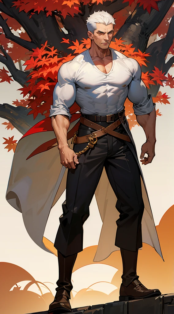 Handsome elderly man, black and gray hair, very short hair, ((crew cut: 1)), golden eyes, fair skin, ((muscular: 1)), man, 50 years old, muscular, in good shape, muscular. no shirt, gold details, baggy gray pants, black and brown belts, black boots, lots of belts, paladin, patriarch, black trees with red leaves, trees in the background.
