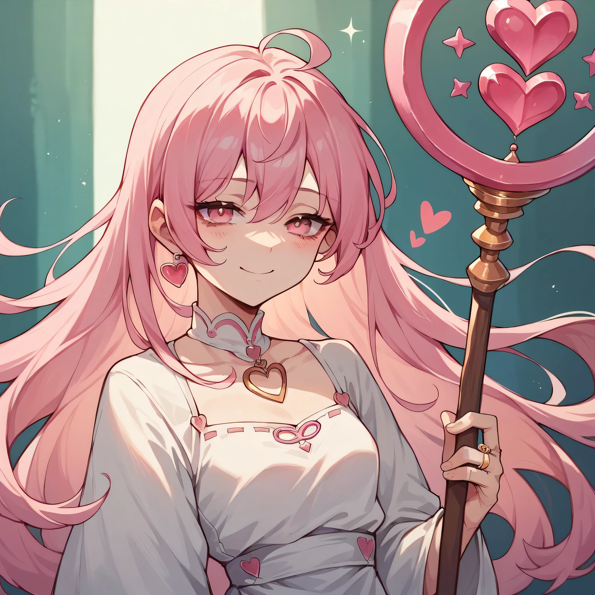 1girl, ager, light skin, long pink hair, pink eyes, pink and white dress, heart tipped staff, tired smile, engagement ring, anime style, digital art, icon