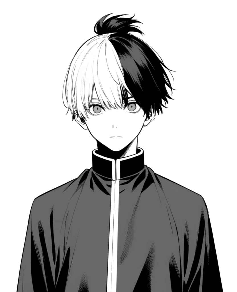 yuto-sano, 1boy, Kaneki, black  hair, unique hairstyle long hair, elegant, monochrome, solo, greyscale, male focus, looking at viewer, holding a sword, front view, FRONT VIEW, FACING CAMERA