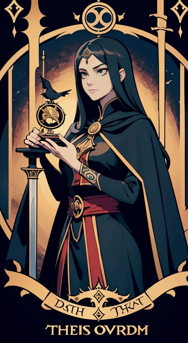 there is a painting of a woman holding a sword and a bird, tarot card goddess of death, tarot cards characters, the empress tarot card, the tarot card of earthly demise, tarot card the empress, the fool tarot illustration, the emperor tarot card, the devil tarot card, the high priestess, high priestess tarot card, lolth, death tarot