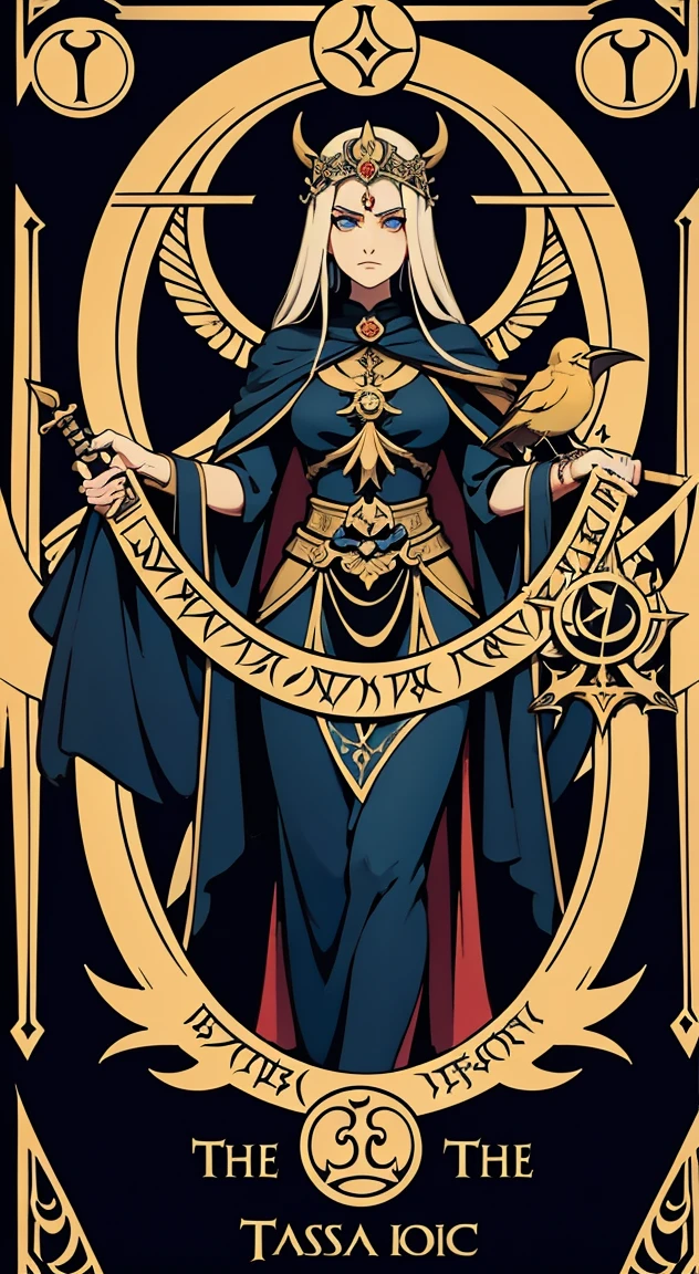 there is a painting of a woman holding a sword and a bird, tarot card goddess of death, tarot cards characters, the empress tarot card, the tarot card of earthly demise, tarot card the empress, the fool tarot illustration, the emperor tarot card, the devil tarot card, the high priestess, high priestess tarot card, lolth, death tarot