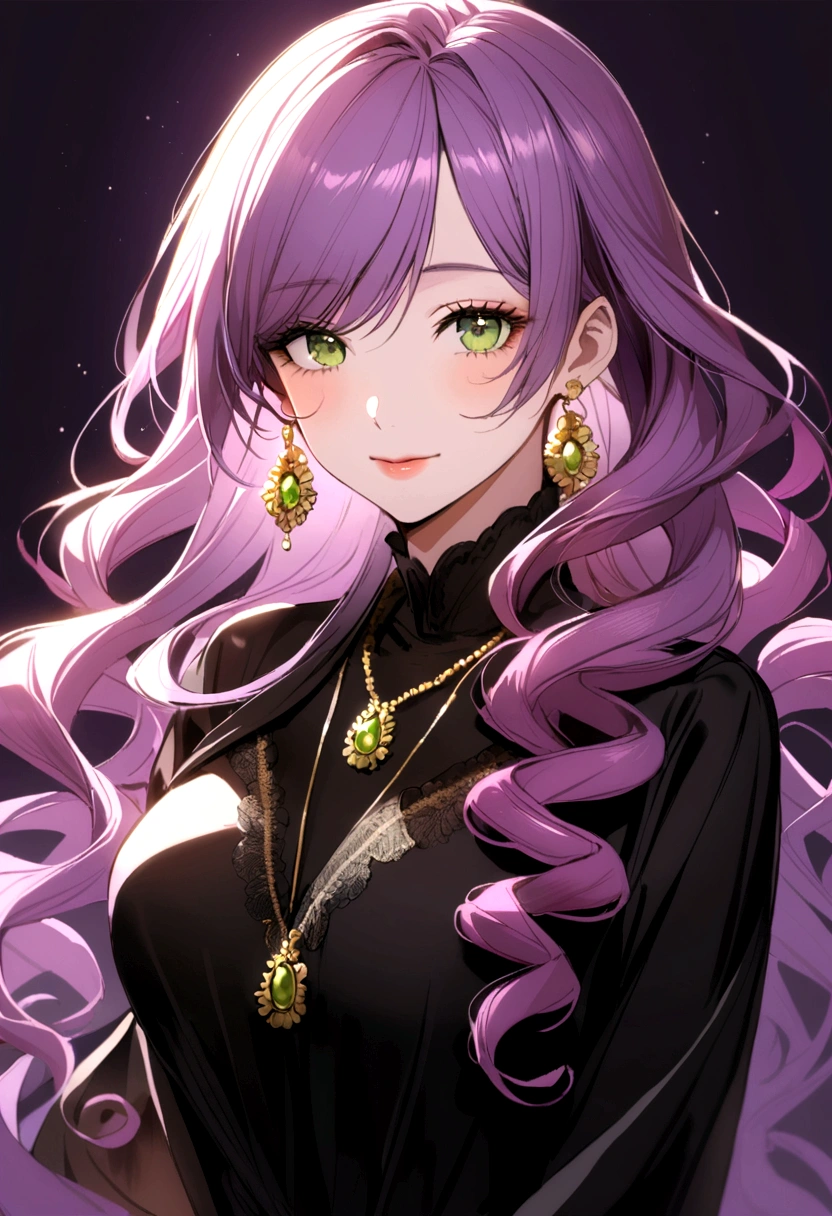 40 year old woman with purple pink hair, long curly hair, green eyes, gold earrings, black dress, black ribbon around neck.