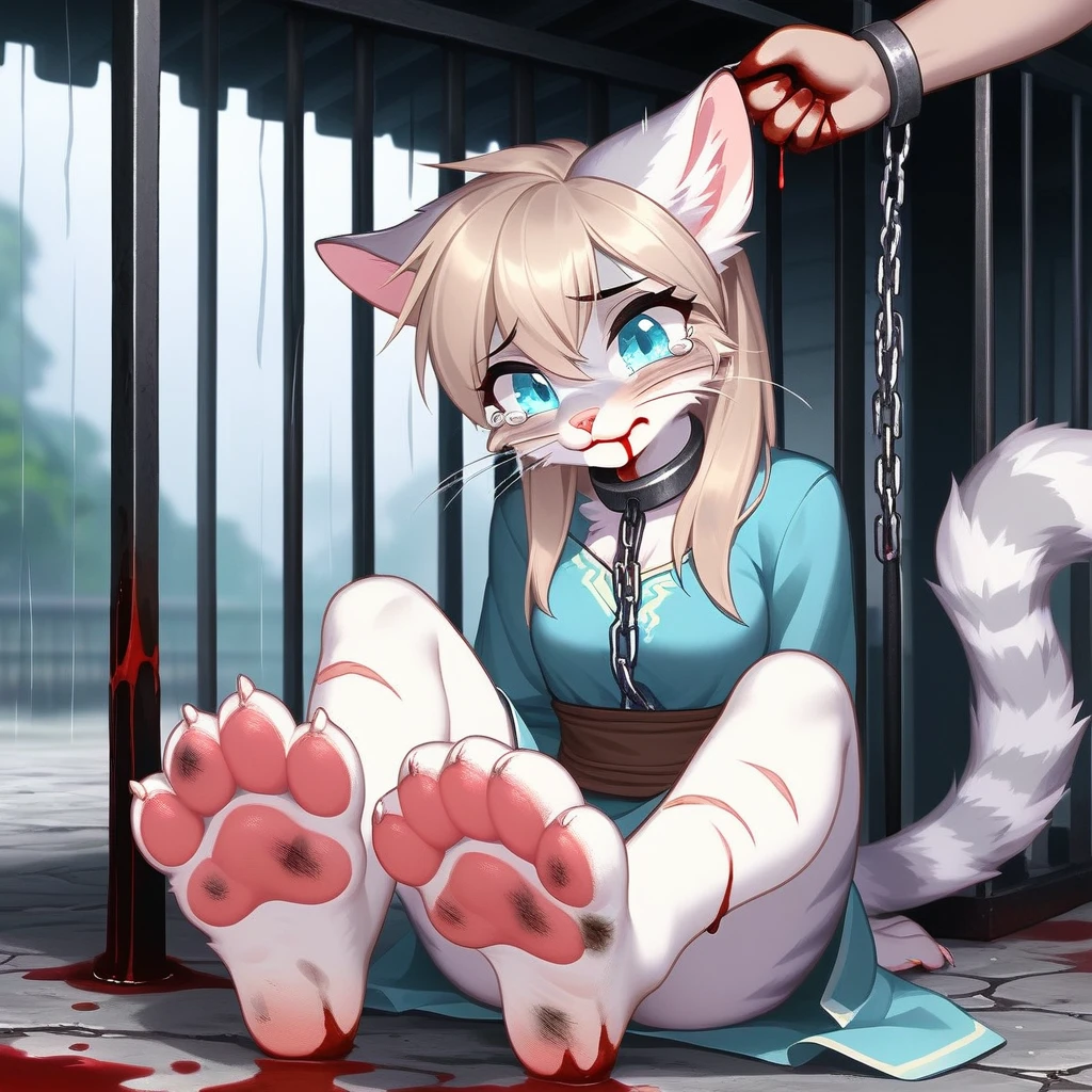 (hi res), ((masterpiece)) , ((best quality)),Solo, score_9,score_8_up,score_7_up, source_furry, Kat, Anthro furry feline girl, tall body, hourglass figure, adult female, blue eyes, silver fur, blonde hair with pony tail, (striped tail), white whiskers, pink nose, wearing simple blue long sleeve tunic, light brown fitted pants, barefoot, (feet paws), (4 toes), pink paw pads, foot focus, Her face was covered with tears,Have tears in her eyes，looking at viewers, looking uncomfortable, eyes half closed, outdoors, rainy day, spread feet apart, cute dainty feet，(The two feet paws are connected with chains between them),(there are many chains),The chains fastened her hands and feet paws ，(feet chains focus)，she is locked in a big cage, as a slave, she is chained, chained on neck and feet,(very dirty feet)，((bloody scars are only on her feet)),((no blood on her face )),(Fetters were placed on her feet)，(Fetters and feet focused)，Hands paws chained to the cage,One hand is holding a towel to wipe the blood,
