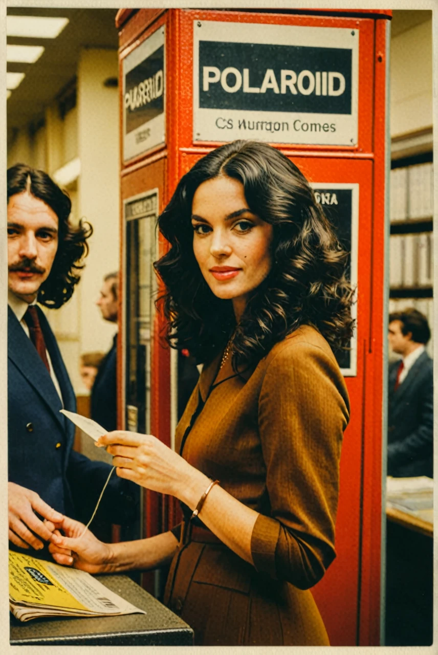 Polaroid photo of a woman with a vintage 70s aesthetic, black wavy hair, warm tones, faded colors, nostalgic feel, candid pose, 1970s busy london post office, Fine art photography style
