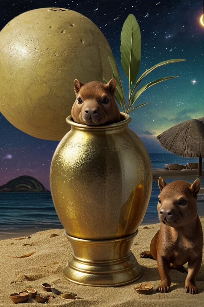 ((a drawing)) ((a capibara taking yerba mate or tereré in a vase or calabash pore with metallic bomb)) ((on the beach under the night sky))