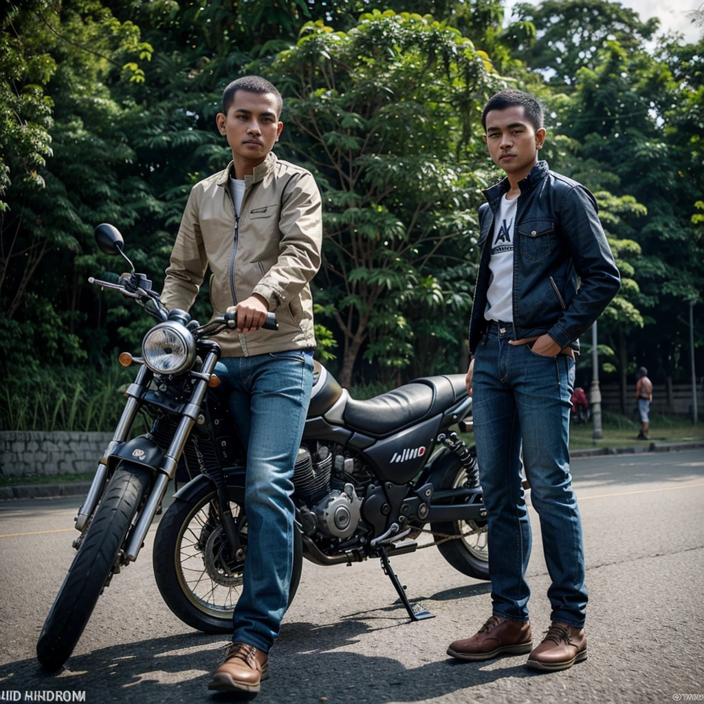 Foto pria tampan indonesia,gaya ambut buzzcut,jaket jeans,celana jeans,sepatu knvas,naik motor,dijalan raya sebuah kota,10k uhd,300 dpi.