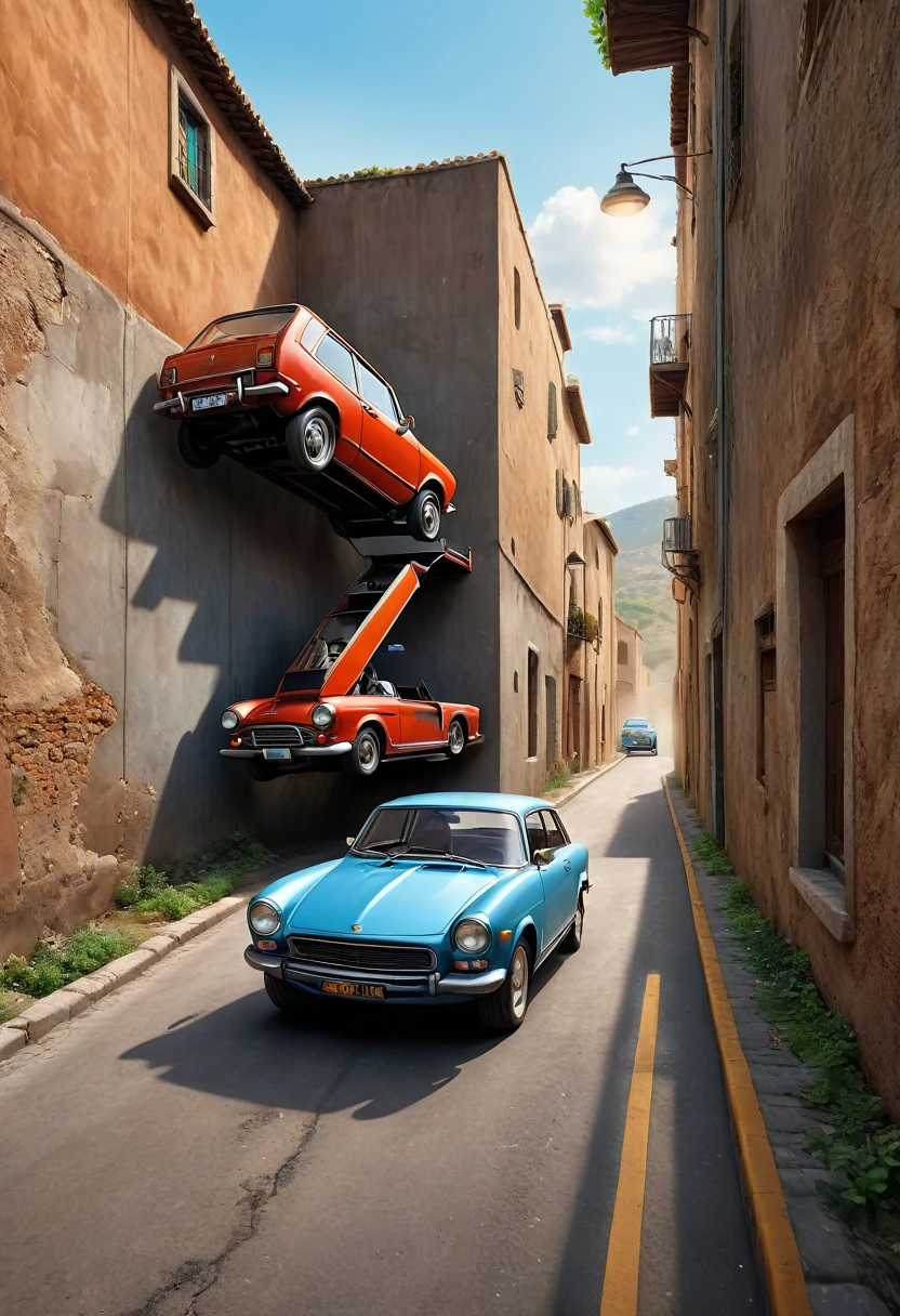(best quality,4k,8k,highres,masterpiece:1.2),ultra-detailed,(realistic,photorealistic,photo-realistic:1.37),optical illusion art,three dimention wall, a conveyer moving with a small car on it, illustrator, high imagine, zoom in, no person, only the conveyer and the car, old