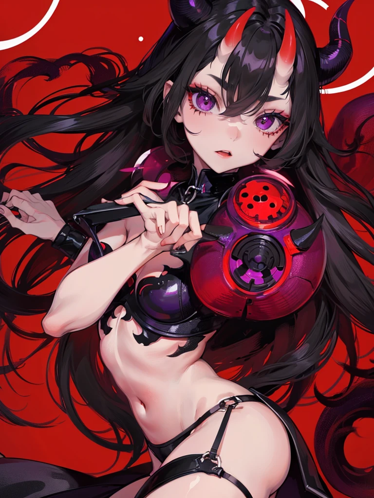 Demon girl with red skin, black horns, completely black eyes, straight black hair, muscular, purple eyes, demon tail, Red skin , black eyes, purple eyes