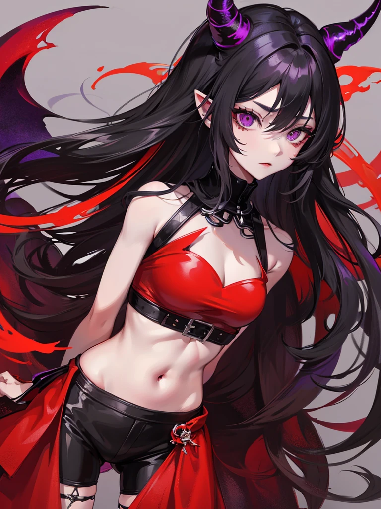 Demon girl with red skin, black horns, completely black eyes, straight black hair, muscular, purple eyes, demon tail, Red skin , black eyes, purple eyes