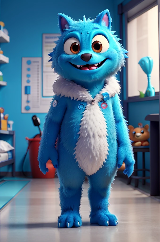 Create a small blue animated monster, that is furry and with a friendly smile, this should represent insulin. You need to be in a clean, bright hospital room helping children with diabetes