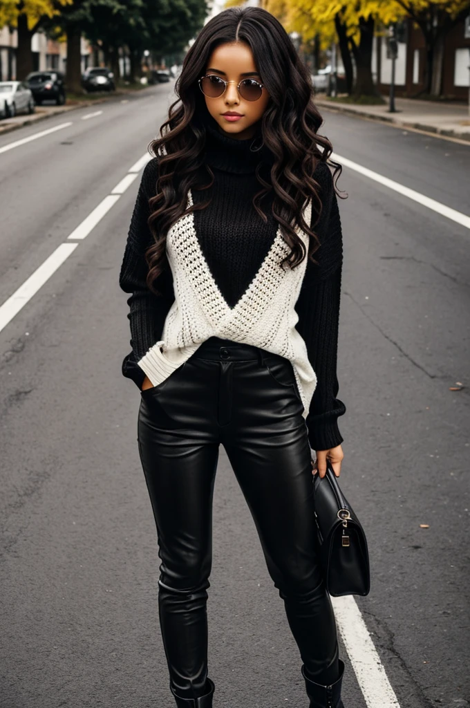 a girl with long, chocolate-colored, curly hair, WITH BLACK LENSES, dark black eyes, in a white knitted sweater with black edges, black pants and black leather boots