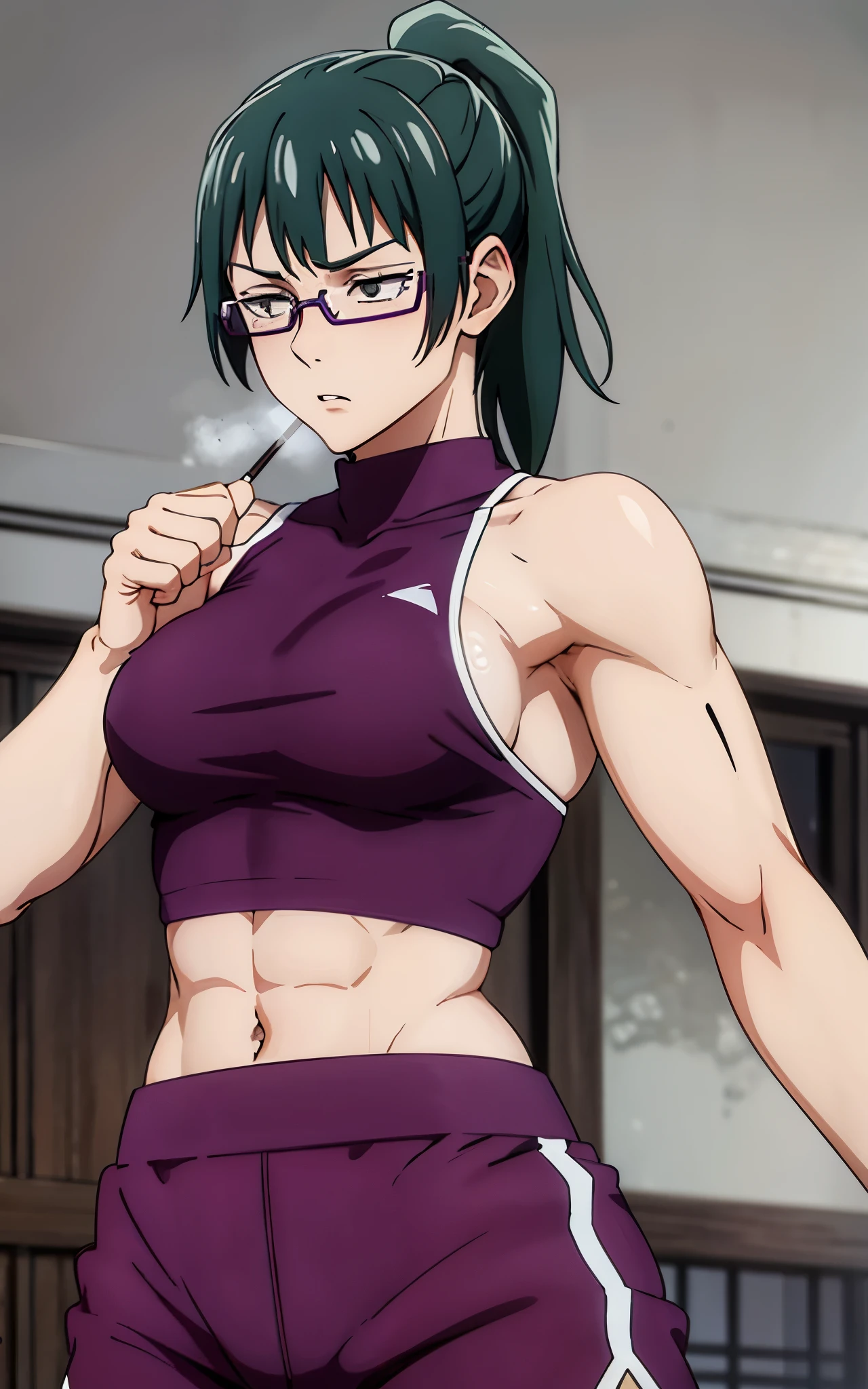 Maki Zenin, sports bra, long pants,curved, dark green hair, ponytail, well proportioned, muscular, large thighs, medium chest, purple glasses, gym background, armpits visible, sweaty armpits, very sweaty armpits, sweaty