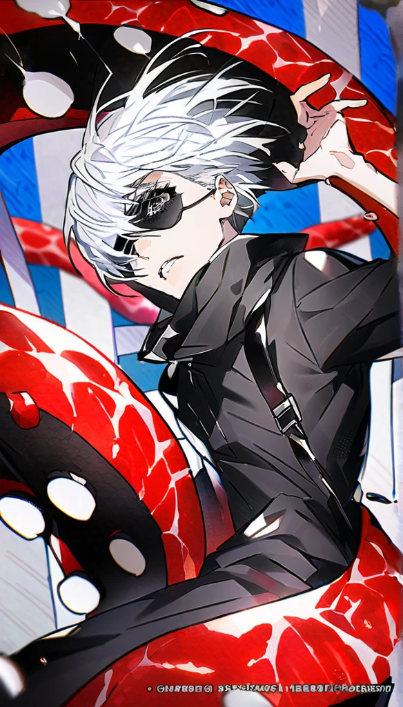 ```
ken kaneki, Tokyo Ghoul, white hair, black outfit, eyepatch, half-ghoul, serious expression, red kakugan eye, kagune tentacles, detailed face, high quality、Overall view、Wind-like sensation、Condescending face

```