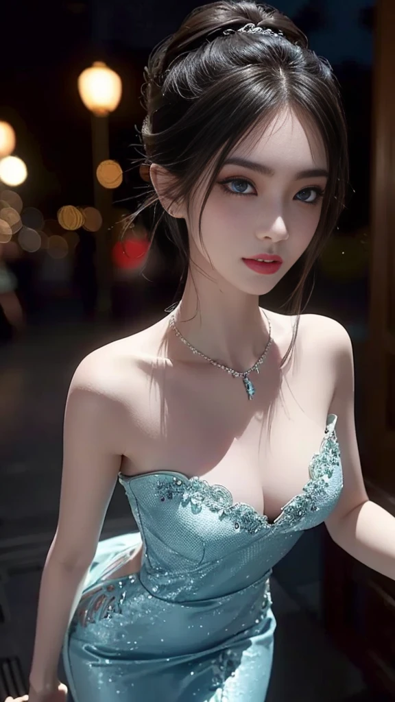 ((whole body)), ((From below)), ((gufeng,Bare shoulders)), Clear face, Pretty Face, 8K, masterpiece, original photo, best quality, detail:1.2,lifelike, detail, Very detailed, CG, Unity, wallpaper, Depth of Field, light, lens flare, Ray Tracing, (Extremely beautiful face, Beautiful lips, beautiful eyes), complicated, detail的脸, ((ultra detailed skin)), 1 girl, in the darkness, Deep Shadows, Beautiful Korean girl, Korean Idol,(Very slim figure:1.3), Full breasts, Slender sexy legs, Elegant Posture, (A bright smile), (City night, (Neon), (night), Beautiful Korean girl, White Diamond Earrings, Bracelet diameter, Deya Necklace, Clear eyes, Facing forward, (big eyes)
