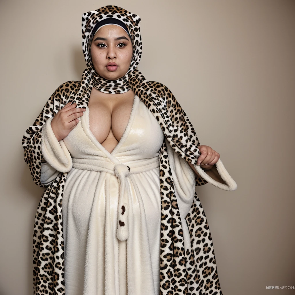 Obese hijabi woman wearing a fluffy fleece robe with a leopard print