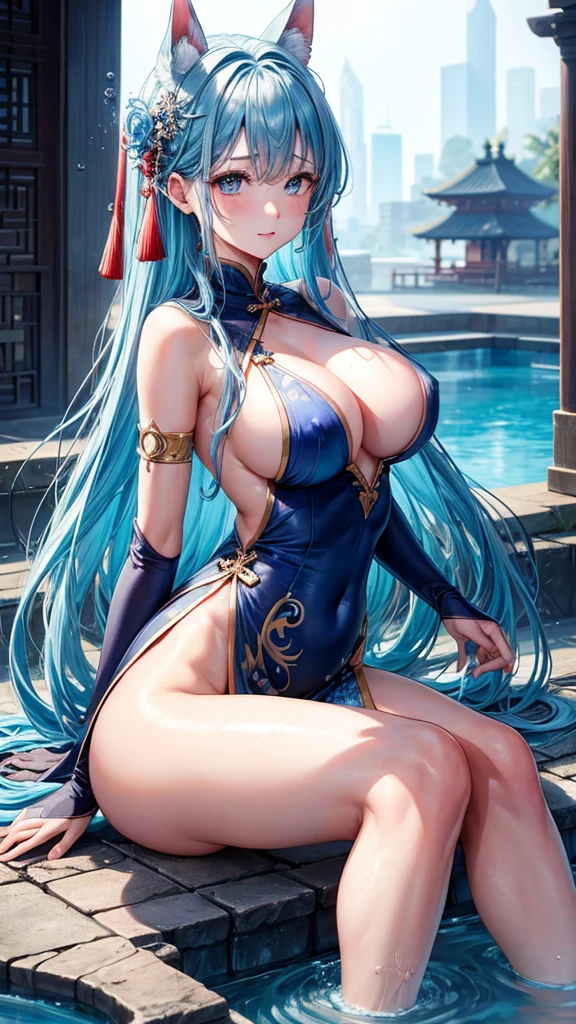 She is touching her clit in her Chinese dress、8K、、Highest quality、Tabletop、Ultra HD、Ultra-detailed、so beautiful、Ultra-detailed髪質、so beautiful、Portrait、Esbian all over、Captivating look、Beautiful woman、Long Blue Hair、blue eyes、Glowing Skin、bursting breasts、Very large breasts、Very big ass、Water droplets running down the skin、The background is a great night pool、naked、Excessive pubic hair growth、Two arms、Two Legs、I can see the、blush、She looks like she's feeling good、Detailed and high resolution clothing fabric、I want to see her pussy、彼女のI can see the、The Chinese dress has a honeycomb pattern.、Sweat dripping down my entire body、Wearing sexy pantyhose、She's human、Her nipples are visible、I can see her pussy、The fibers of the Chinese dress are fine、Stick out your crotch