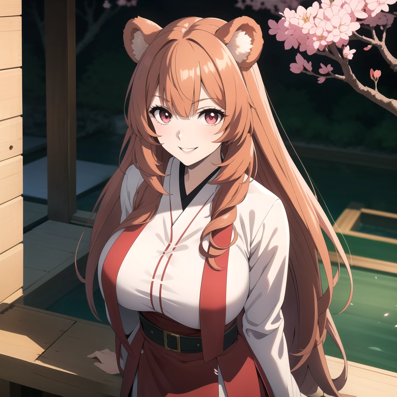 Raphtalia woman 35 years old straight orange hair , bear ears redondeadas, red eyes like ruby., flirtatious smile, pale skin, big breasts, japanese priestess clothing, White and red, pink belt, , bear ears, , background of a japanese garden, cherry trees. perfect hands.
