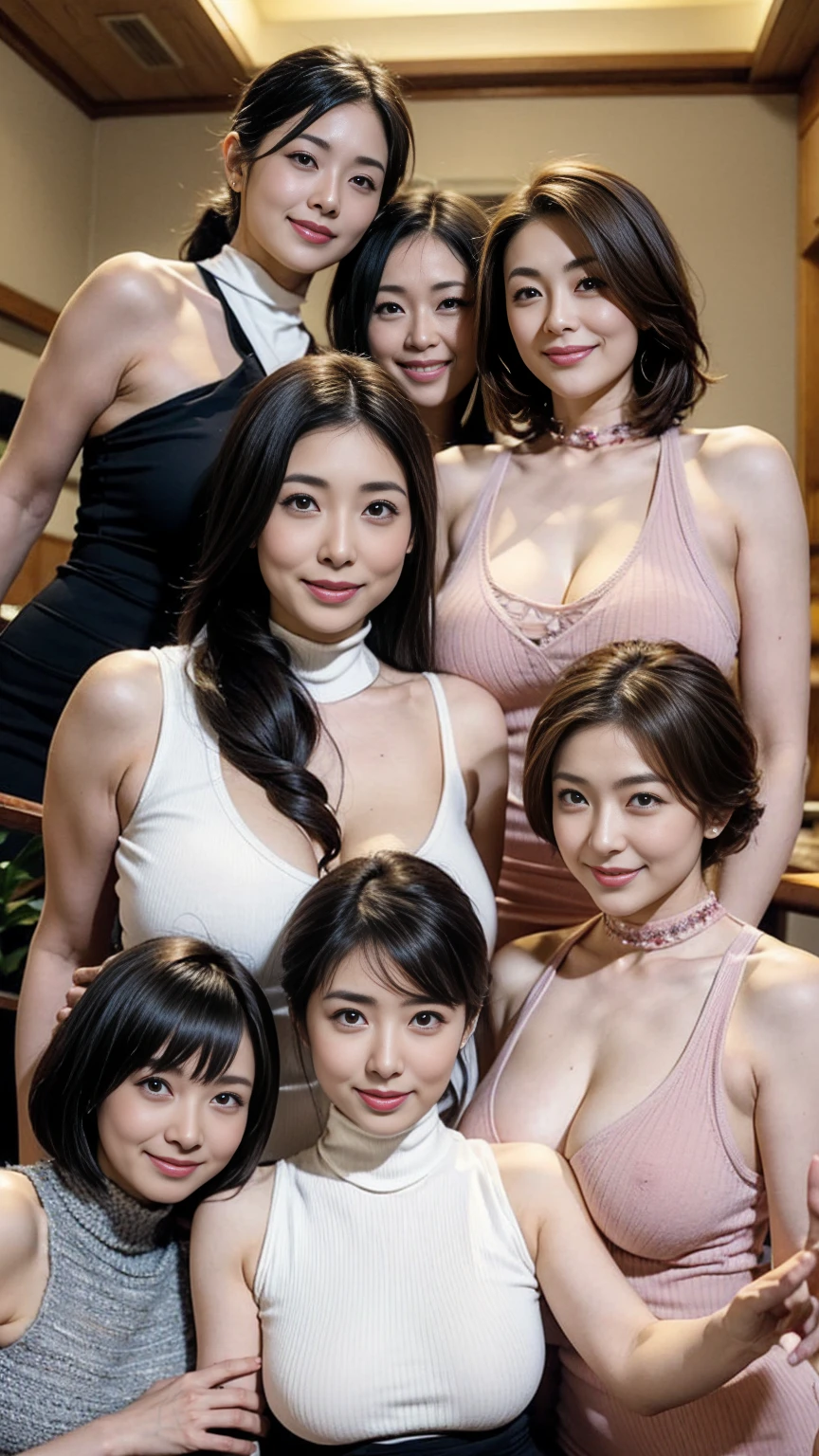 (((Group photo of the top 3 beautiful Japanese moms)))、Everyone has a different type and hairstyle, but、They are beautiful.、((They are all obscene, tall and have overly large breasts..))、Various sexual poses、Everyone、Busty woman wearing a turtleneck sleeveless knit sweater、The room was filled with the smell of stimulants.、((Everyone emphasizes their large breasts))、living room