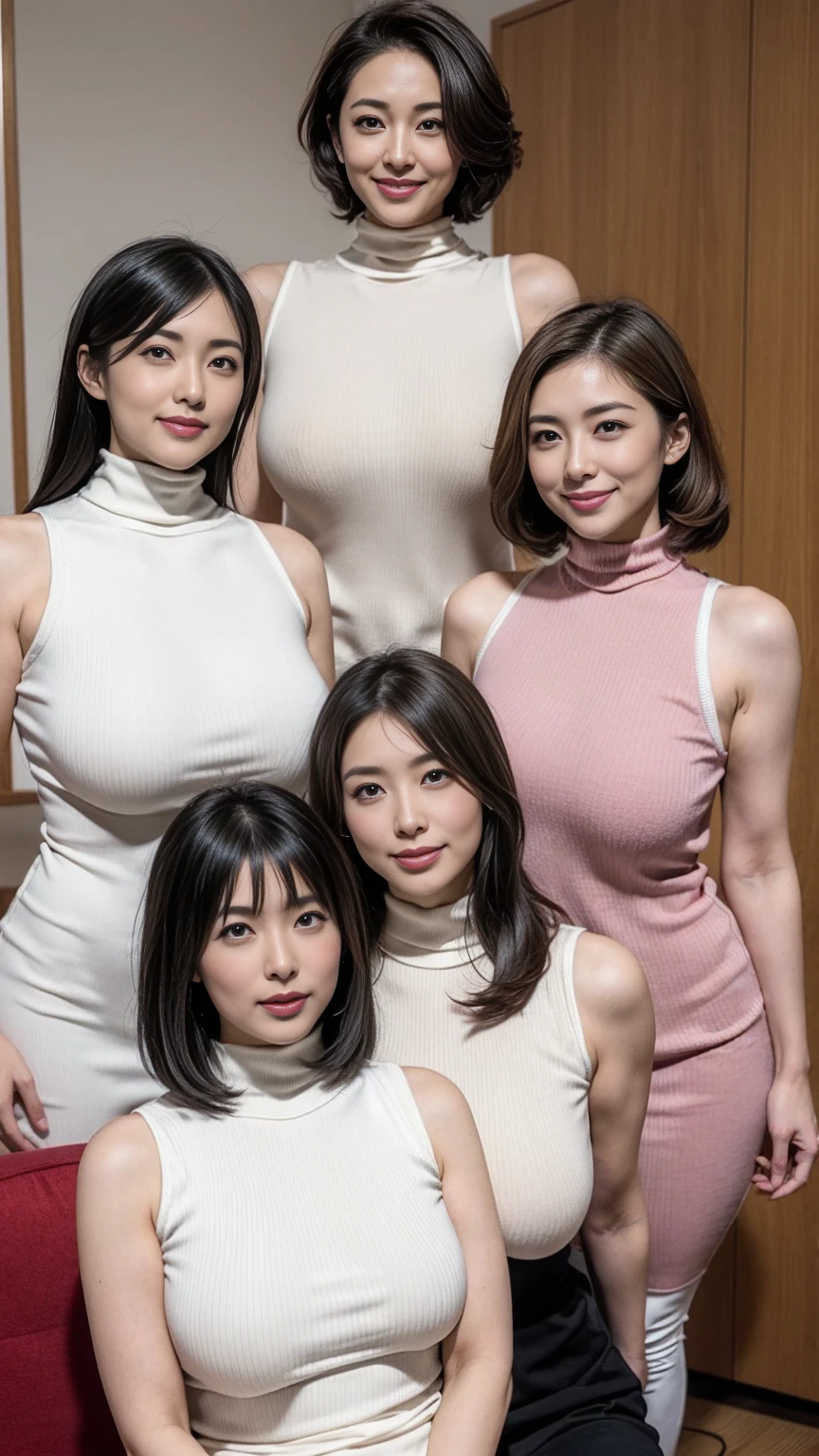 (((Group photo of the top 3 beautiful Japanese moms)))、Everyone has a different type and hairstyle, but、They are beautiful.、((They are all obscene, tall and have overly large breasts..))、Various sexual poses、Everyone、Busty woman wearing a turtleneck sleeveless knit sweater、The room was filled with the smell of stimulants.、((Everyone emphasizes their large breasts))、living room