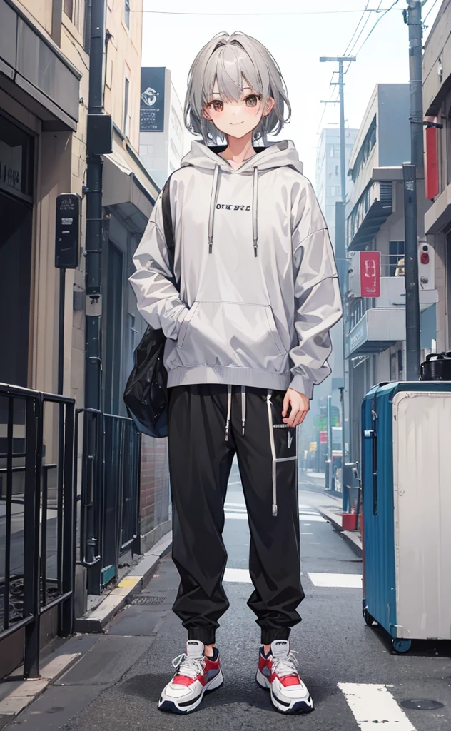 juvenile，Gray hair，Standing，Greet the screen with a smile，whole body。Grey Hoodie，Brown trousers，sports shoes。individual。