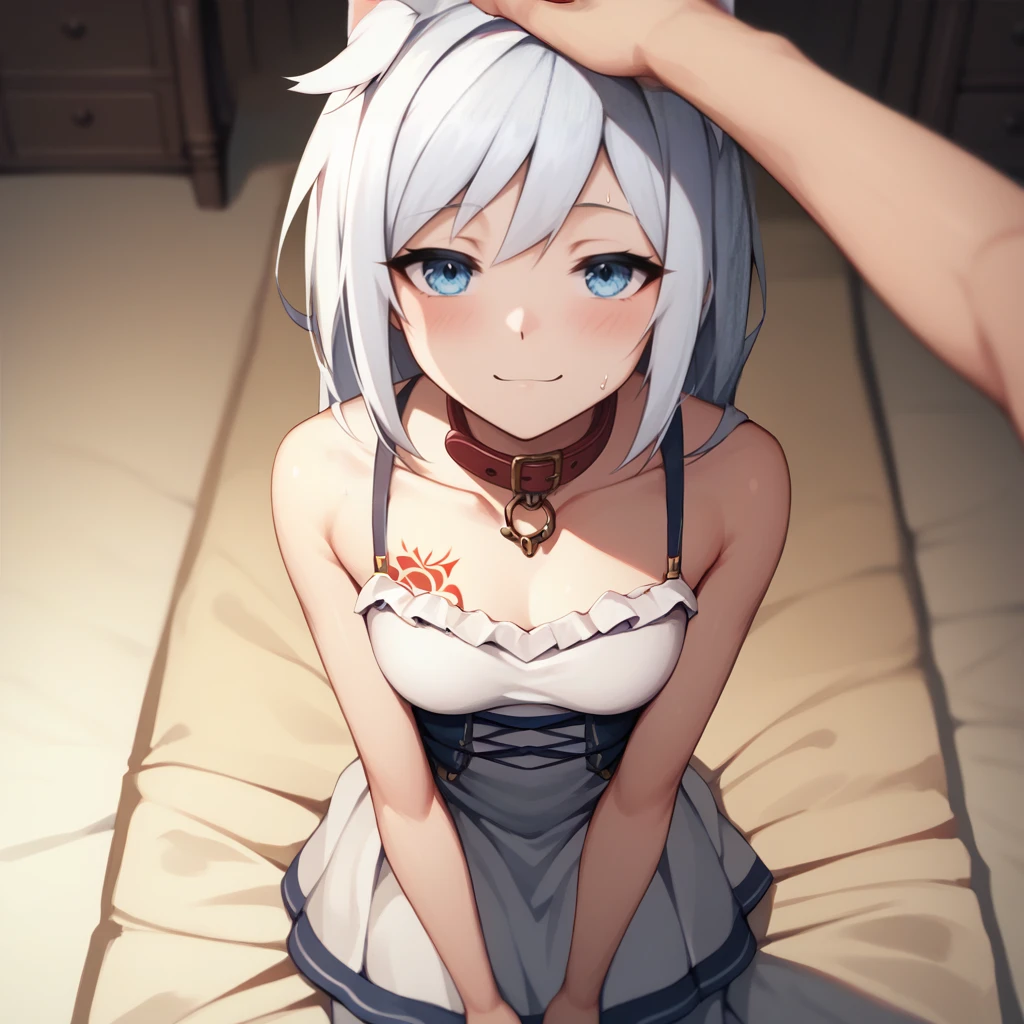 score_9, score_8_above, score_7_above,
eris,1 girl,alone,Blue eyes,for white,hair between the eyes, very long hair, clavicle, alone,long sleeves,dress,wear a dog collar, lying, bedroom, Naughty belly tattoo., the pregnancy, slave 