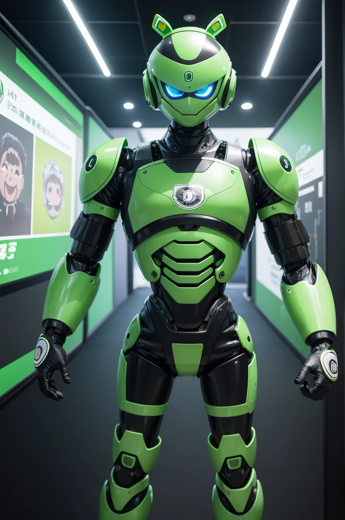 An Green humanoid robot with 1,40 of size. He have an cartoonist face with an cute appearance