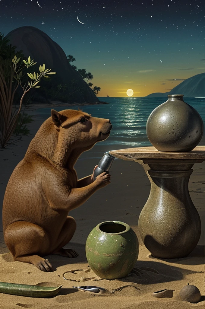 ((a drawing)) ((a capibara taking yerba kill the tereré of a vase or the pore of a calabash with a metal bomb)) ((on the beach under the night sky))