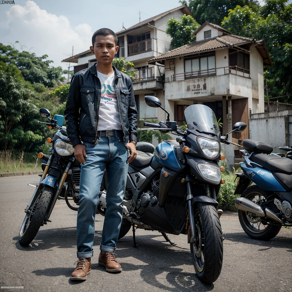 Foto pria tampan indonesia,gaya ambut buzzcut,jaket jeans,celana jeans,sepatu knvas,naik motor,dijalan raya sebuah kota,10k uhd,300 dpi.