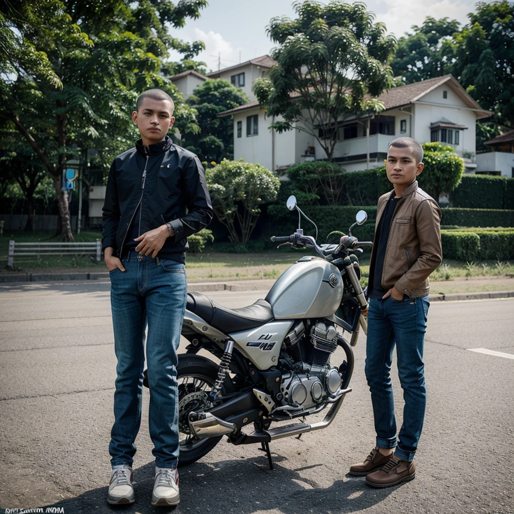 Foto pria tampan indonesia,gaya ambut buzzcut,jaket jeans,celana jeans,sepatu knvas,naik motor,dijalan raya sebuah kota,10k uhd,300 dpi.