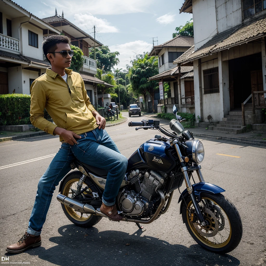 Foto pria tampan indonesia,gaya ambut buzzcut,jaket jeans,celana jeans,sepatu knvas,naik motor,dijalan raya sebuah kota,10k uhd,300 dpi.