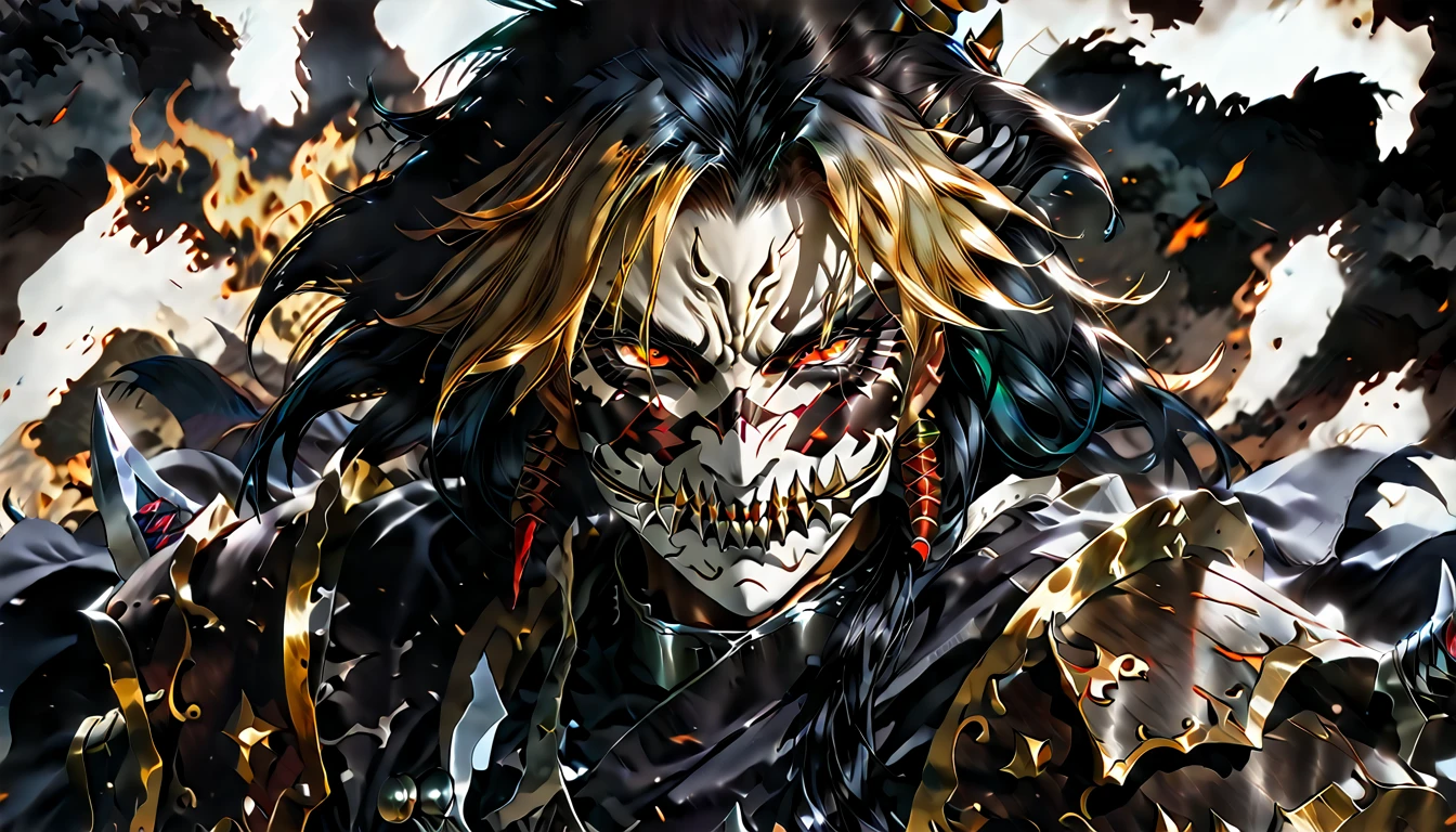 demon mask, sword on the hand,close up, black heavy detailed clothes, hand katana, art, dark and malevolent, hand sword, armor, powerful and intimidating, (masterpiece, best quality, ultra-detailed, best shadow), (detailed background, dark fantasy) dramatic light, intricate details, dark and malevolent, powerful and intimidating, Dark and foreboding, malevolent force, sinister and chilling, armor, high detailed background, girl in demon slayer art, demon slayer art style, epic anime art, God death