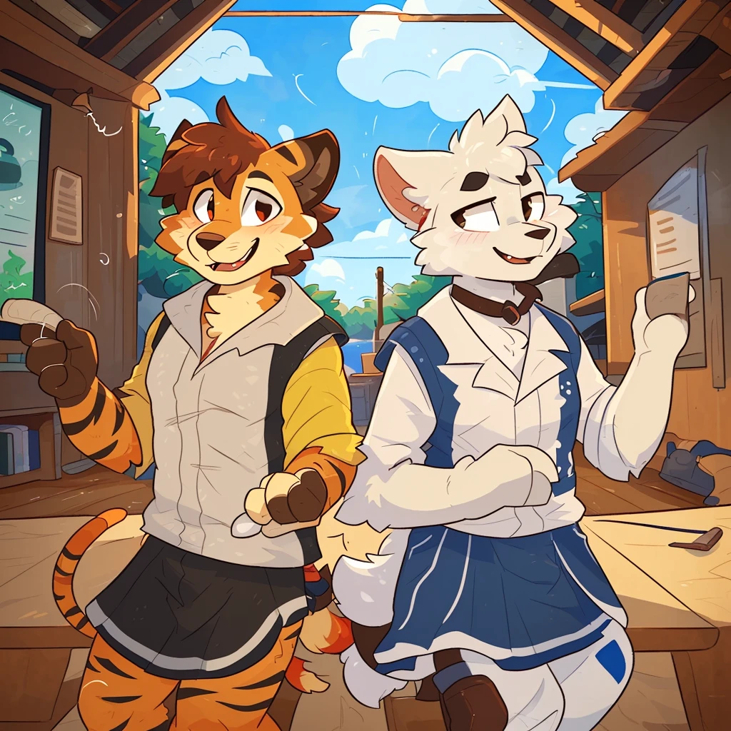 ((by Kilinah, by itihi3 イチヒ(Ichihi), dasagi, by hioshiru, by Donkeyramen, and wfa)) (Artwork), a liger girl in school clothes, exceptional quality, detailed Korean illustration, elegant visuals in soft tones, jimseung-style drawing, fun, colorful and animated characters.
