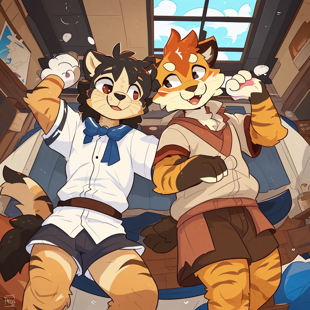 ((by Kilinah, by itihi3 イチヒ(Ichihi), dasagi, by hioshiru, by Donkeyramen, and wfa)) (Artwork), a liger girl in school clothes, exceptional quality, detailed Korean illustration, elegant visuals in soft tones, jimseung-style drawing, fun, colorful and animated characters.