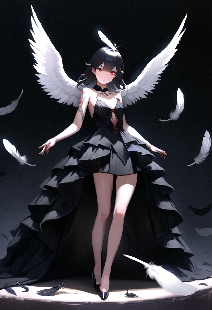 Highest quality、masterpiece、Ultra-high resolution、(Realism:1.4)、Raw photo、(Thin legs) (Perfect figure)、Dynamic Pose、1 girl、It has large white feathers on its head.、Red eyes、Unusual tattoo on cheek、solo、A black crow-like dress with long black feathers scattered here and there、Deep Shadow、Low Key、Cold light 12000K 