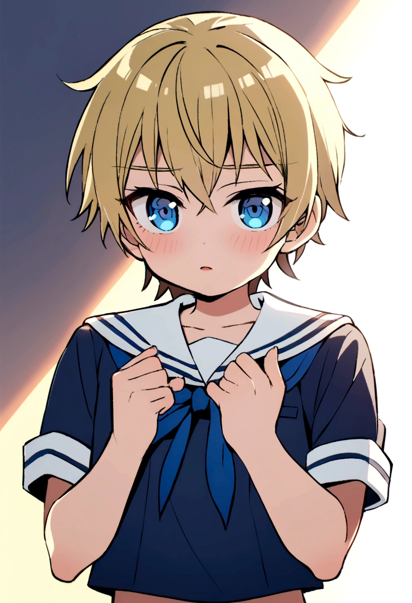 Blonde,wolf cut. Shota, sailor suit, sailor hat, blue eyes, tomboy, Naughty